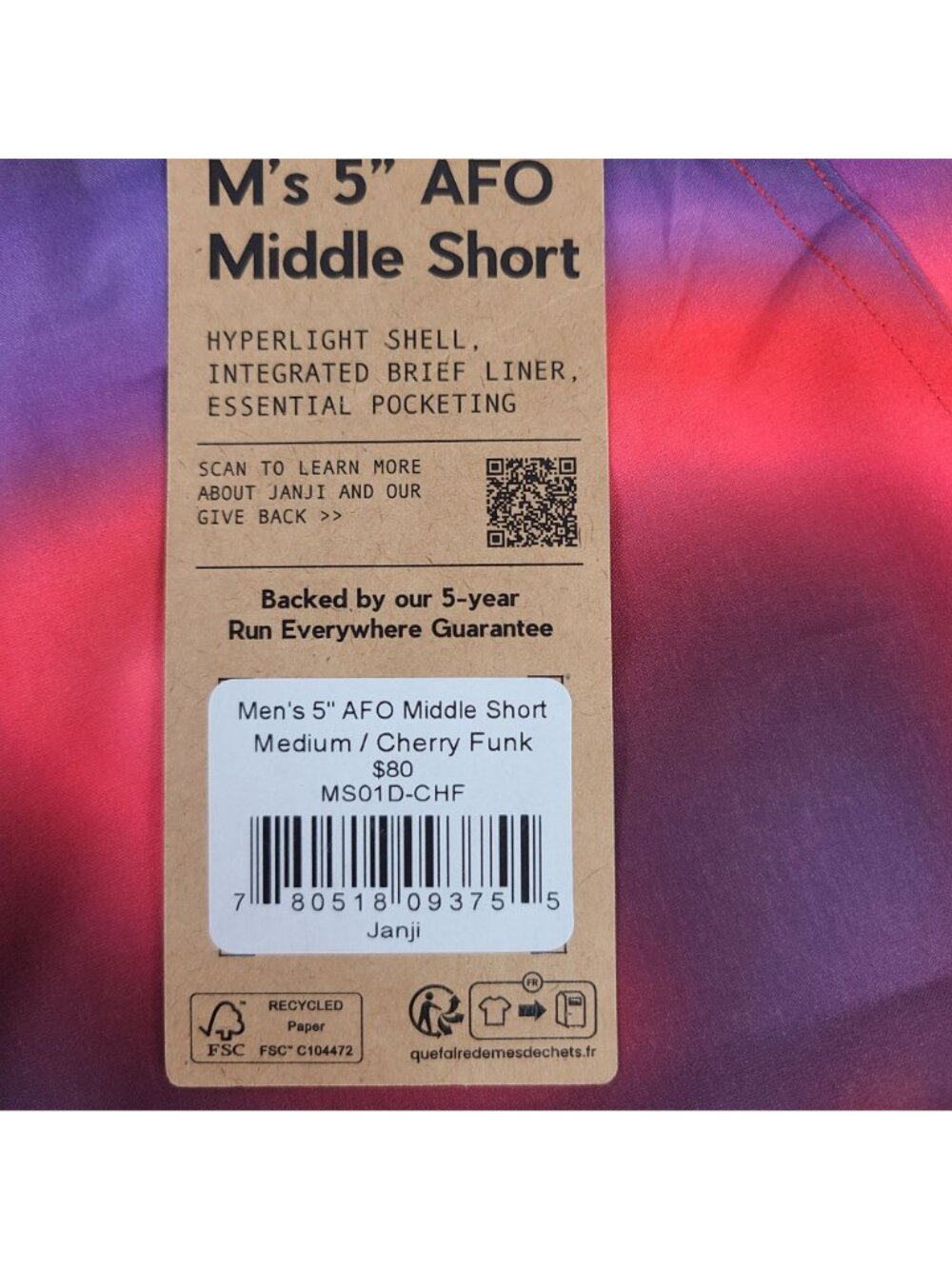 NEW Janji Men's 5" AFO Middle Short Cherry Funk Hyperlight Shell W/ Liner Sz M - Picture 2 of 6